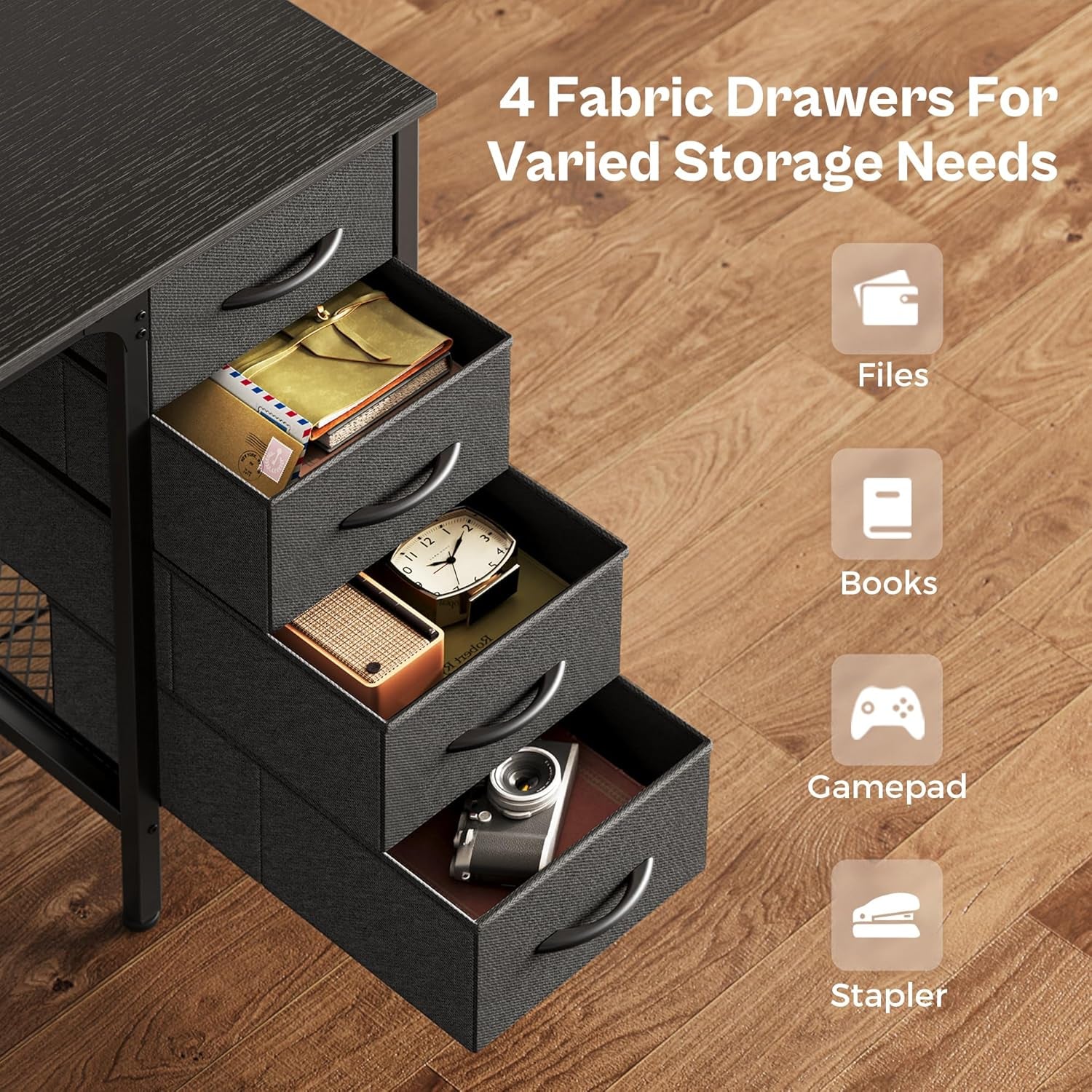 47 Inch Computer Desk with 4 Drawers, Gaming Desk with LED Lights & Power Outlets, Home Office Desk with Large Storage Space for Bedroom, Work from Home, Black