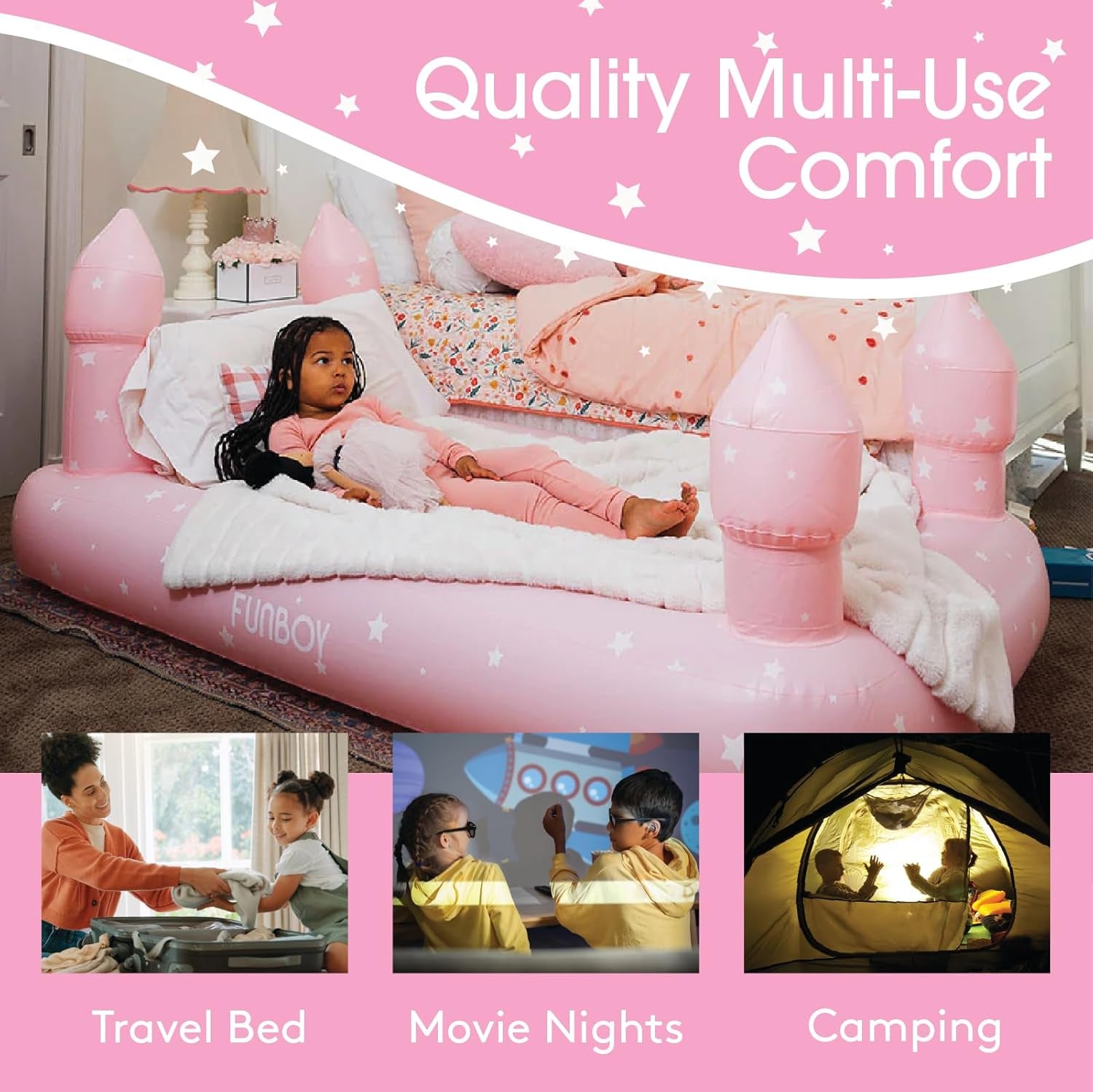 Kids Pink Castle Sleepover Travel Bed & Air Mattress. Perfect for Sleepovers. Includes Carrying Storage Bag, Twin