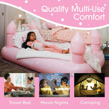 Kids Pink Castle Sleepover Travel Bed & Air Mattress. Perfect for Sleepovers. Includes Carrying Storage Bag, Twin