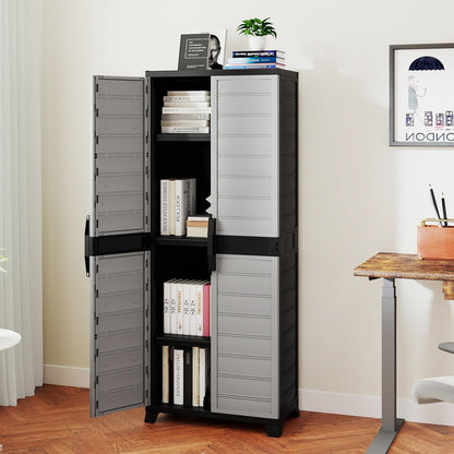 68" Lockable Storage Cabinet, PP Garage Storage Shed with Doors, 3 Adjustable Shelves, Freestanding Tool Locker, Shelving Unit for Pantry, Basement, Laundry Room or Mudroom
