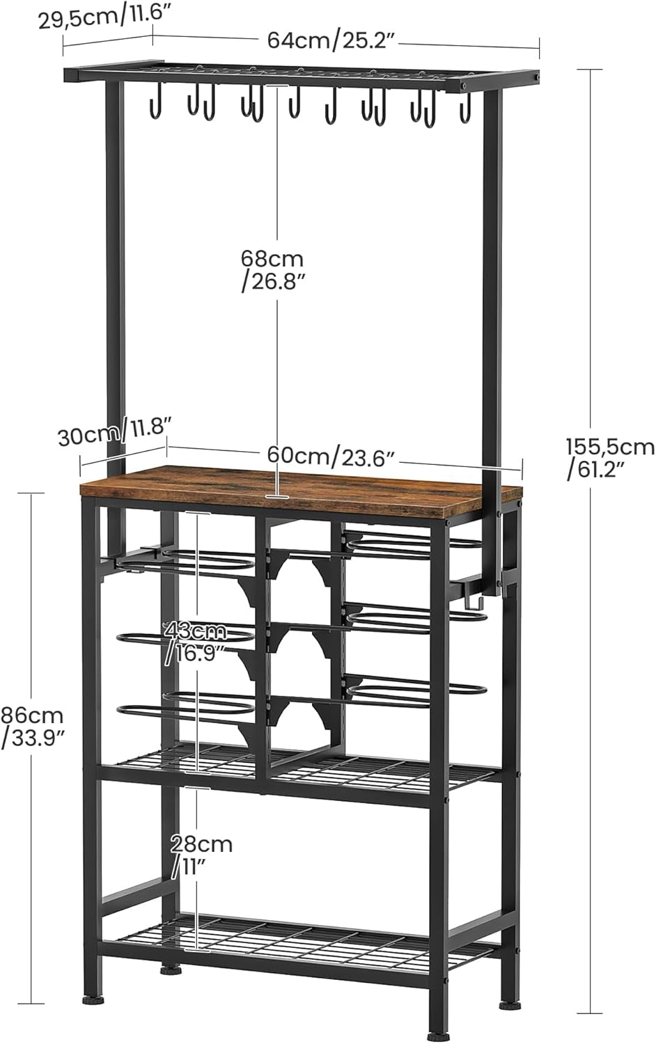 Pots and Pans Organizer Rack, Kitchen Bakers Rack, Multi-Tier Storage Shelf, Kitchen Island Table, Cooking Rack with Pots and Pans Storage, Rustic Brown and Black TPR60BF