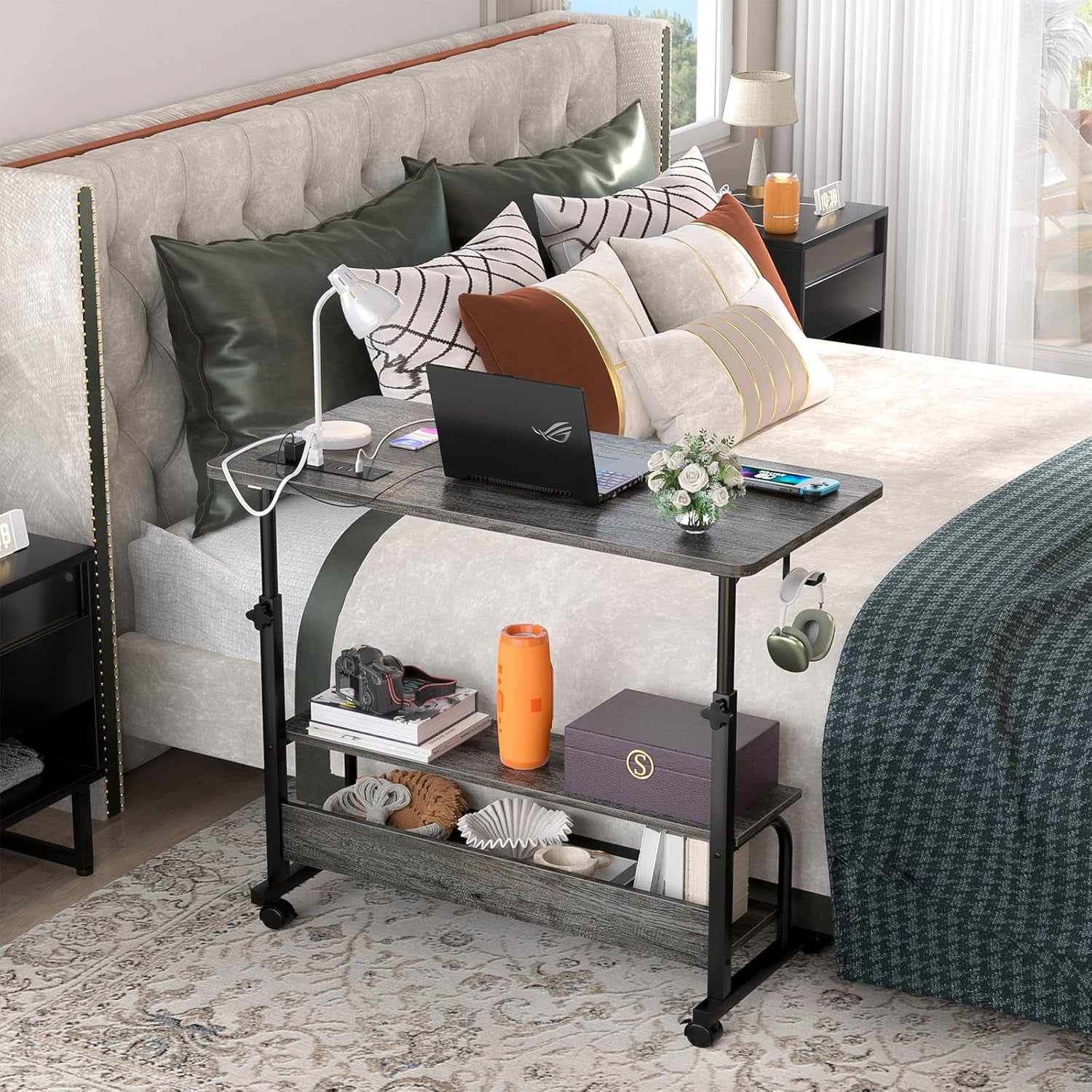 32" Height Adjustable Standing Desk with Power Outlets - Manual Rolling Stand up Desk with Wheels Small Portable Computer Desk Mobile Laptop Table with Storage Shelves for Home Office, Grey Oak