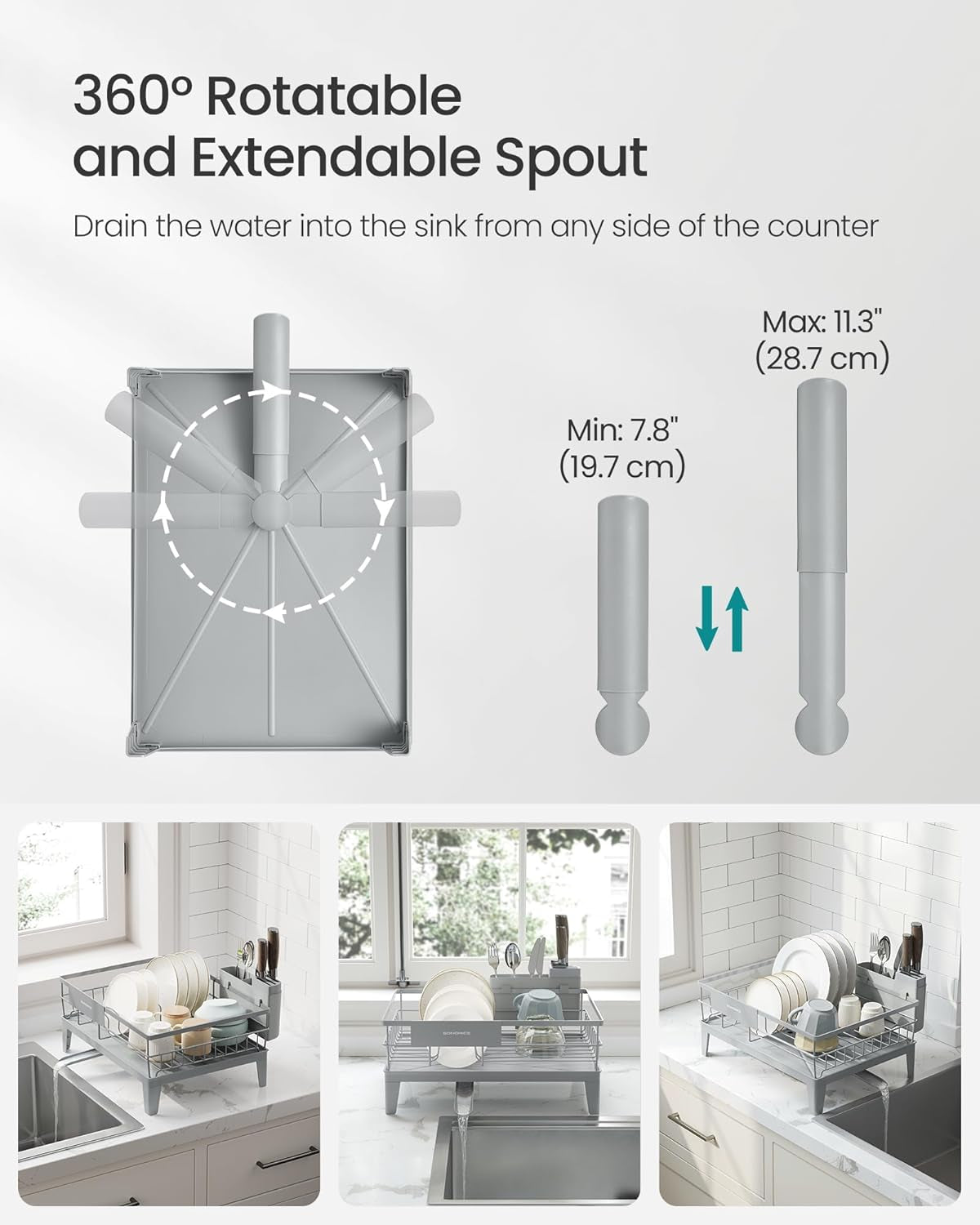 Dish Drying Rack, Kitchen Dish Rack, with Drainboard, 360° Rotatable and Extendable Spout, with Cutlery Holder, 12.2 X 16.5 X 7.3 Inches, Dove Gray UKCS550G01