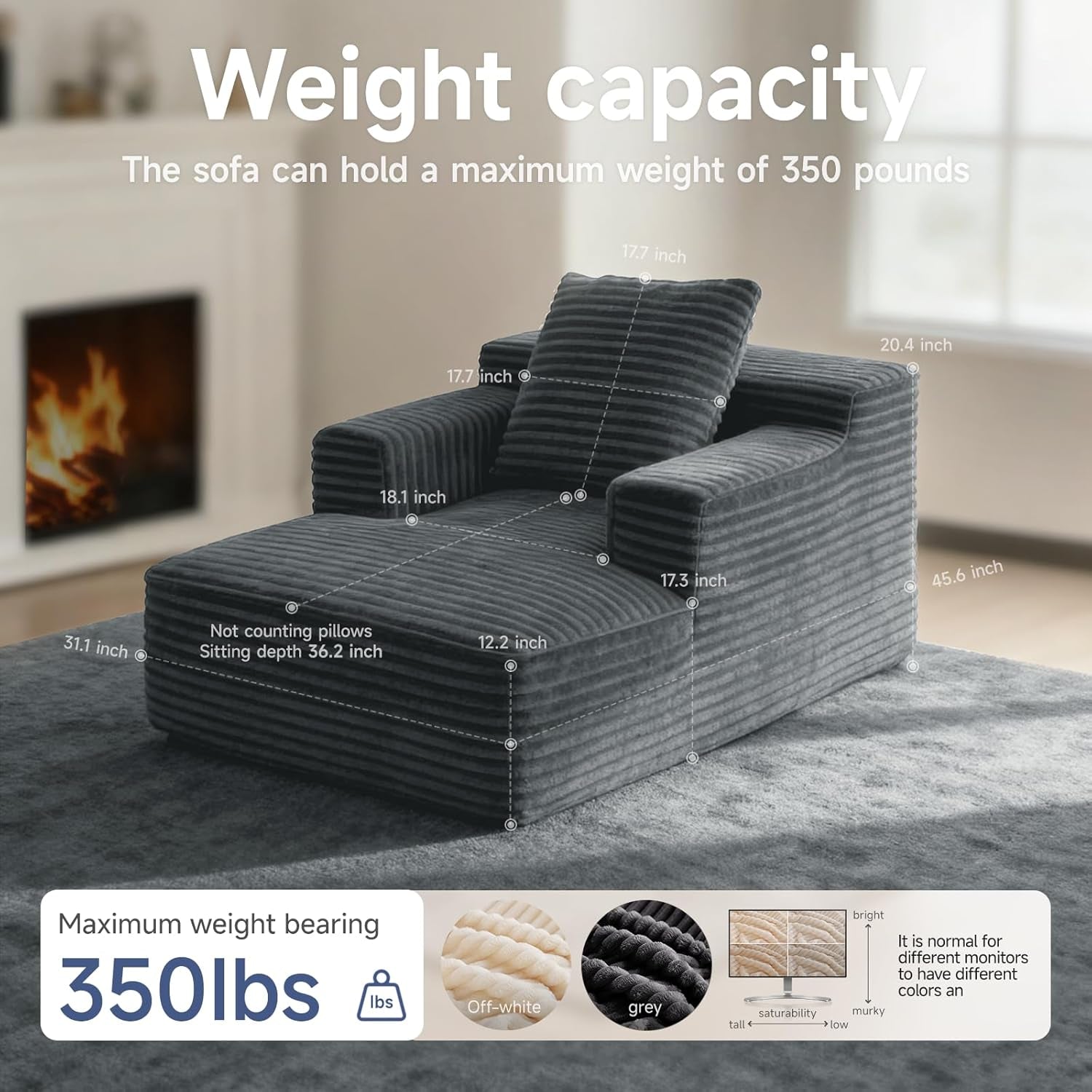 45'' Chaise Lounge Chair Indoor, Corduroy Upholstered Boneless Sofa Bed, Deep Seat Sleeper Couch Reading Chairs, Small Comfy Cloud Sofas Couches for Living Room, Bedroom, Movie Room (Dark Grey)