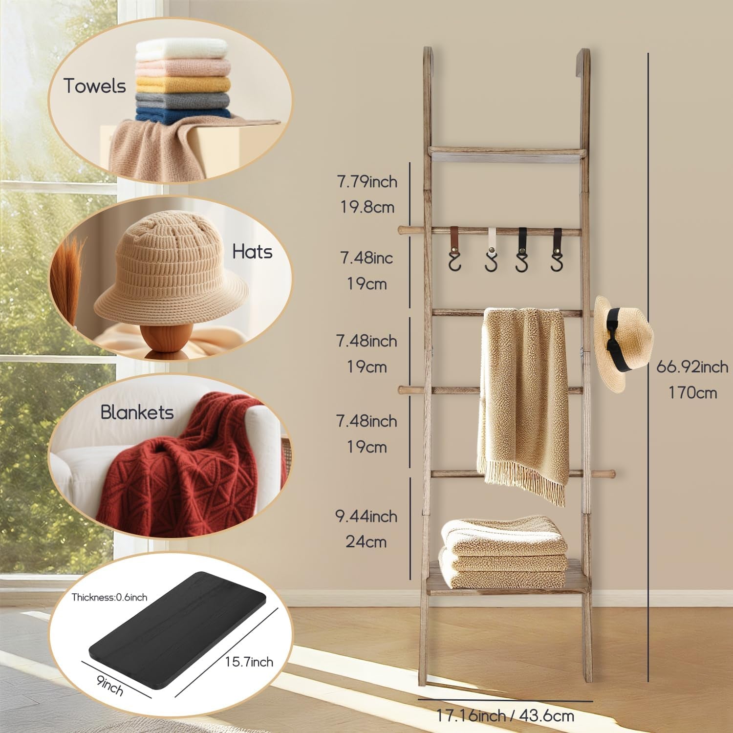 Wooden Ladder with Shelf for Room Decor, 6-Tier Decor Ladder with Non-Slip Mat & Hooks, Farmhouse Style Leaning Wall Display Holder