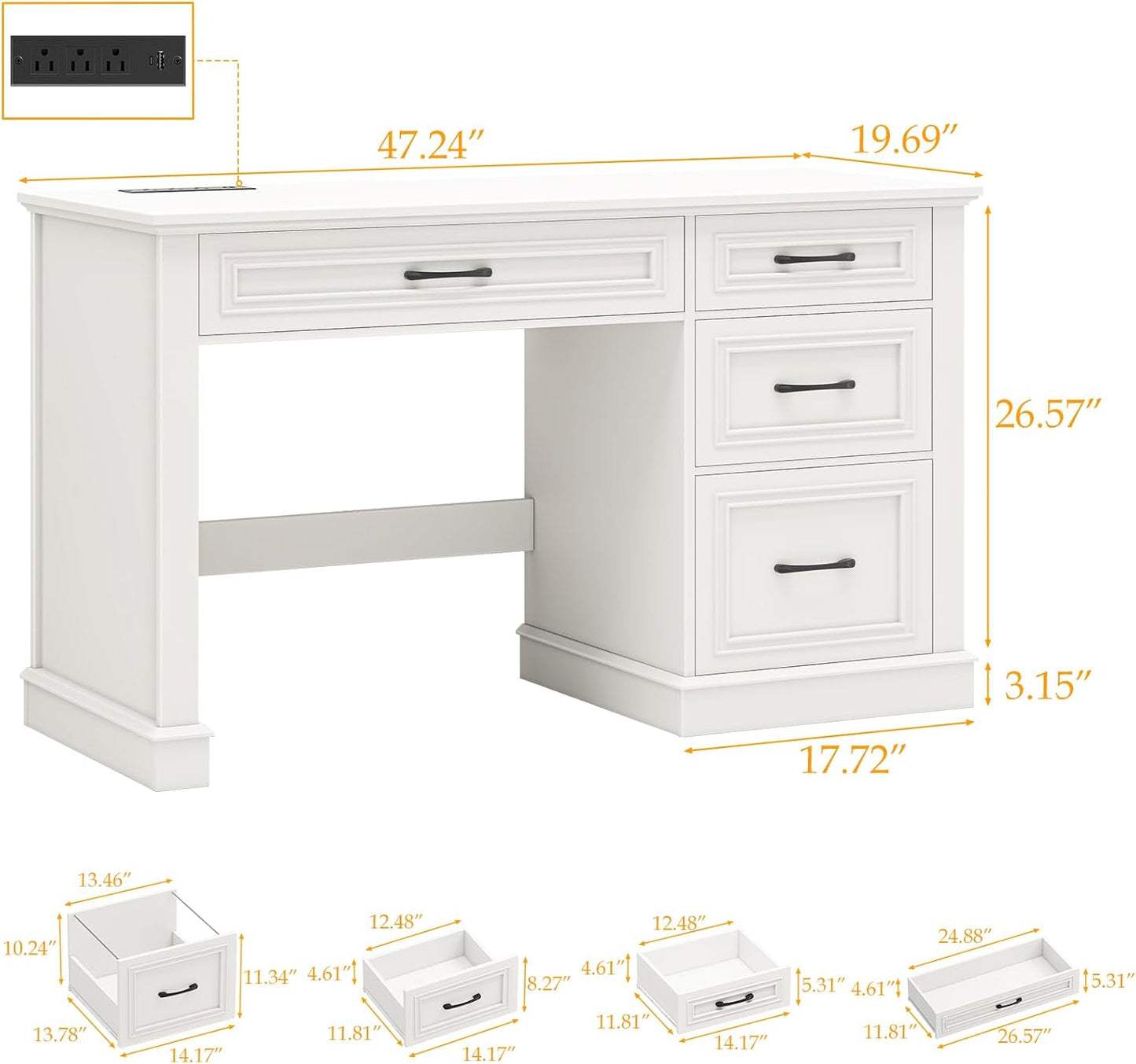Farmhouse 47" Executive Desk, Computer Desk with Drawers and File Drawer, Workstation Computer Desk with Charging Station for Home Office,Study,（Cream White）