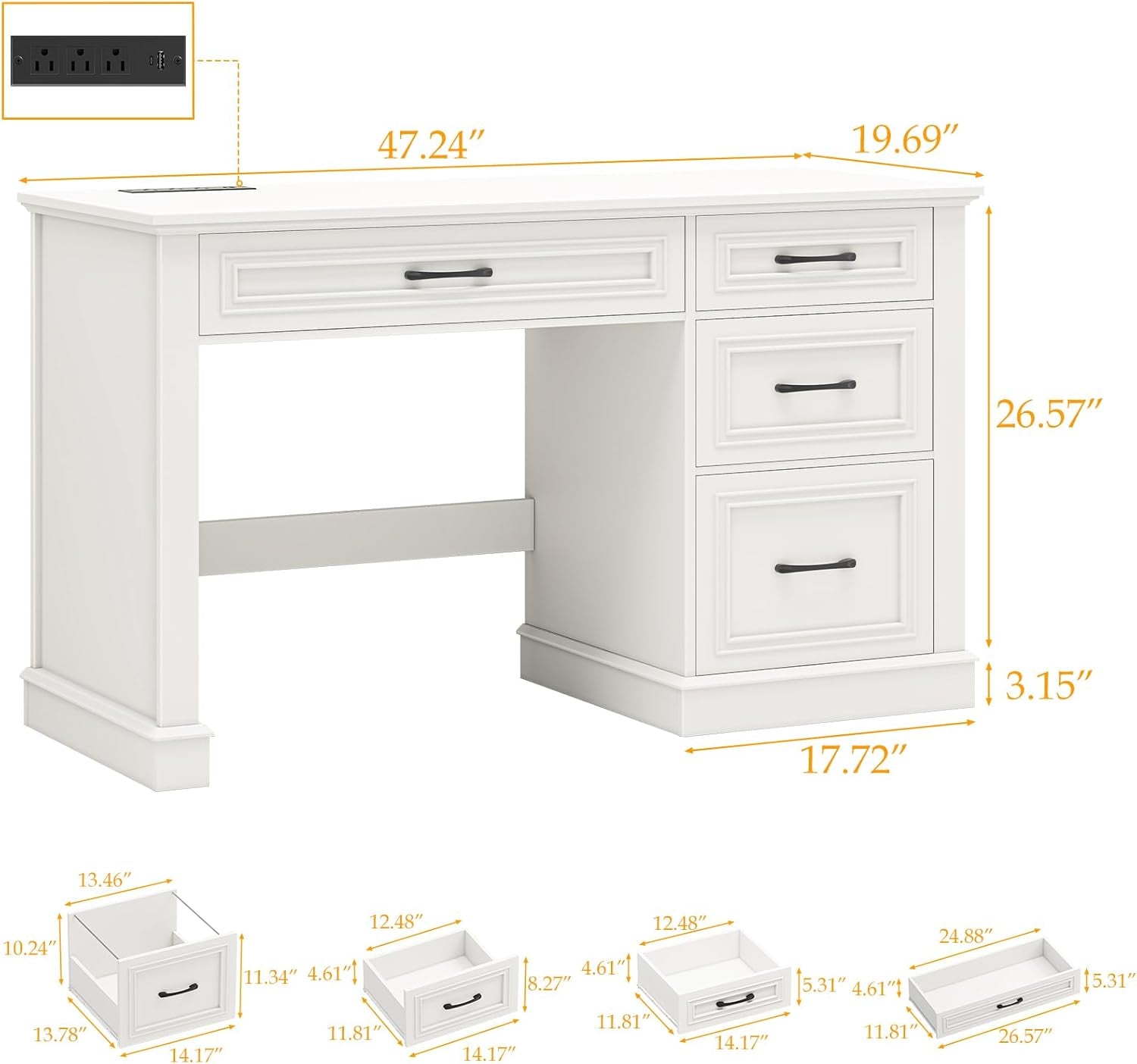 Farmhouse 47" Executive Desk, Computer Desk with Drawers and File Drawer, Workstation Computer Desk with Charging Station for Home Office,Study,（Cream White）