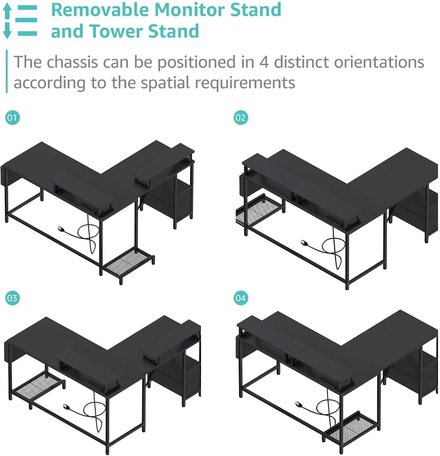 White L Shaped Computer Desk with Fabric Drawers, 47 Inch Corner Home Office Desk with Monitor Stand Shelves, Writing Study Gaming Desks with Led Lights and Power Outlets for Bedroom, White