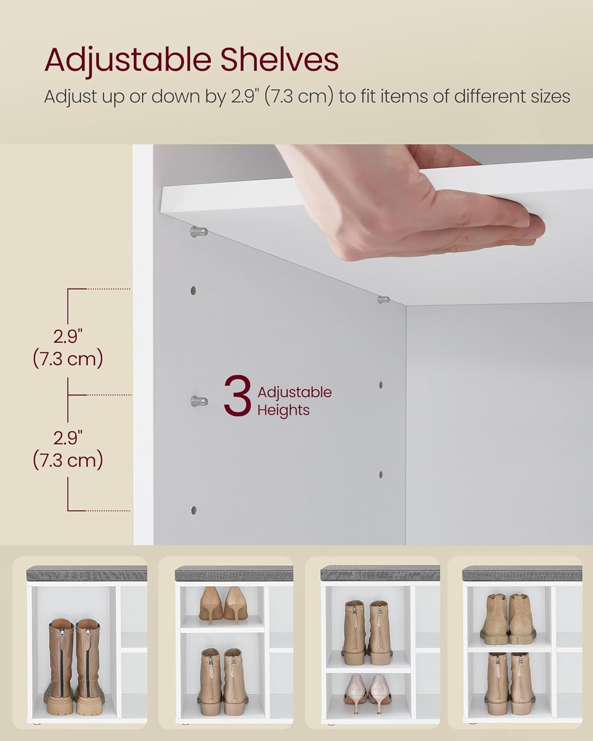 Shoe Bench with Cushion, Shoe Storage Bench with 6 Compartments and 3 Adjustable Shelves, Entryway Bench with Padded Seat, for Bedroom, Closet, Living Room, White ULHS23WT