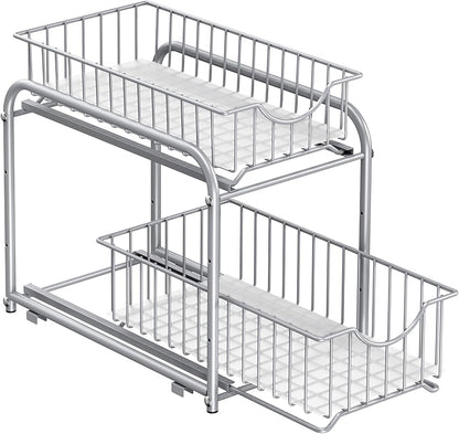 2-Tier Pull Out Cabinet Organizers, under Sink Organizer, Bathroom Organizer and Storage, Sliding Basket Drawers, Stackable for Kitchen, Bathroom, Metallic Silver UKCS017E01