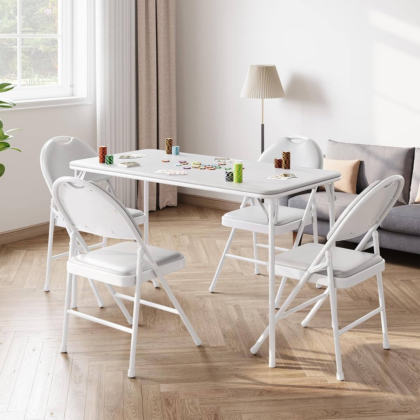Protable Folding Table and Chairs, 5 Piece Folding Card Table and Chairs Set, Foldable PU Upholstered Table and Chairs Set of 5, for Dining Room, Living Room, Office, Camping, Gray
