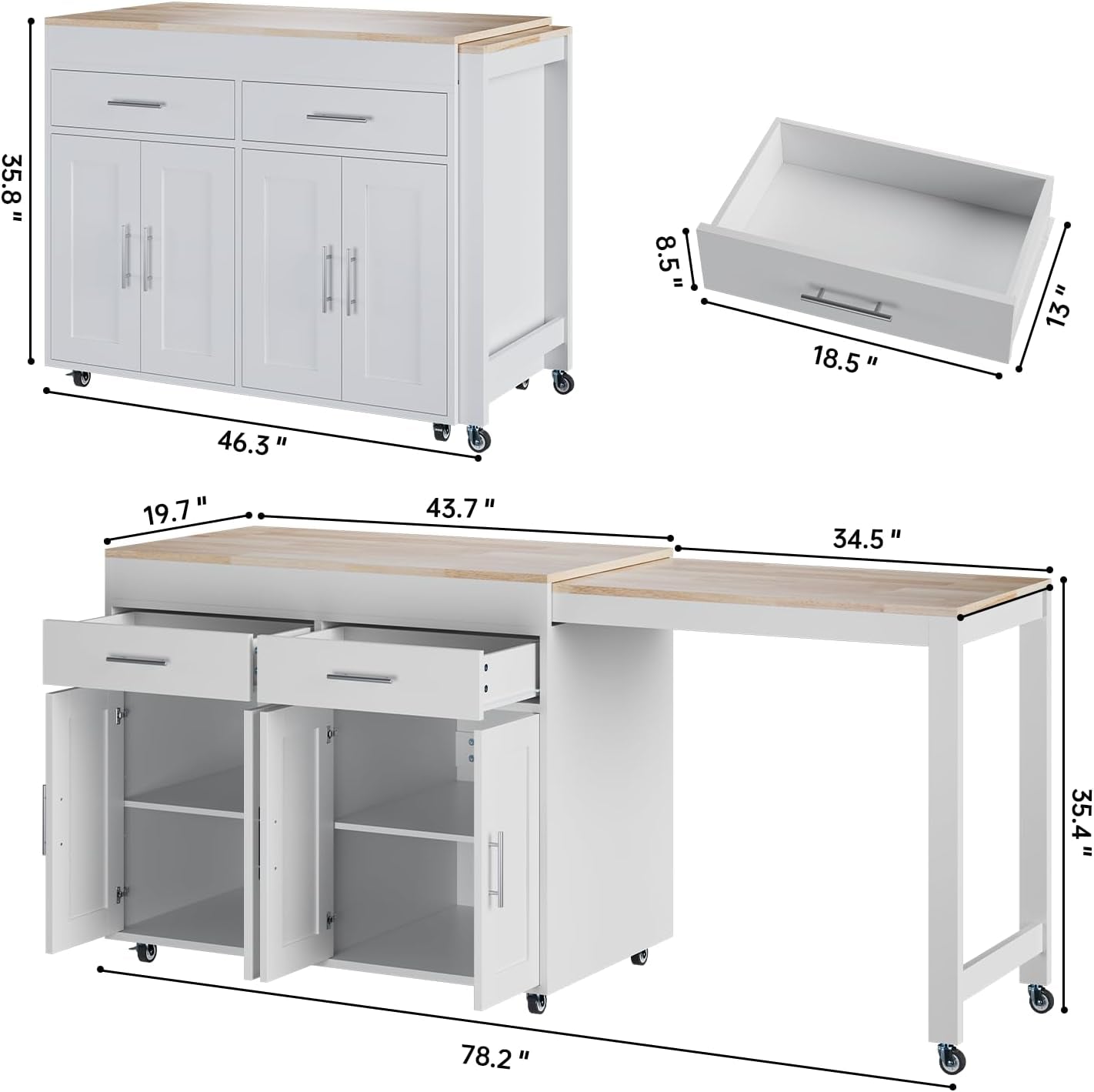 78" Rolling Kitchen Island with Extendable Table, Mobile Kitchen Islands with Storage for 2-4， 3 in 1 Island Cart on Wheels for Small Space with 2 Drawers & 4 Door Cabinet, White
