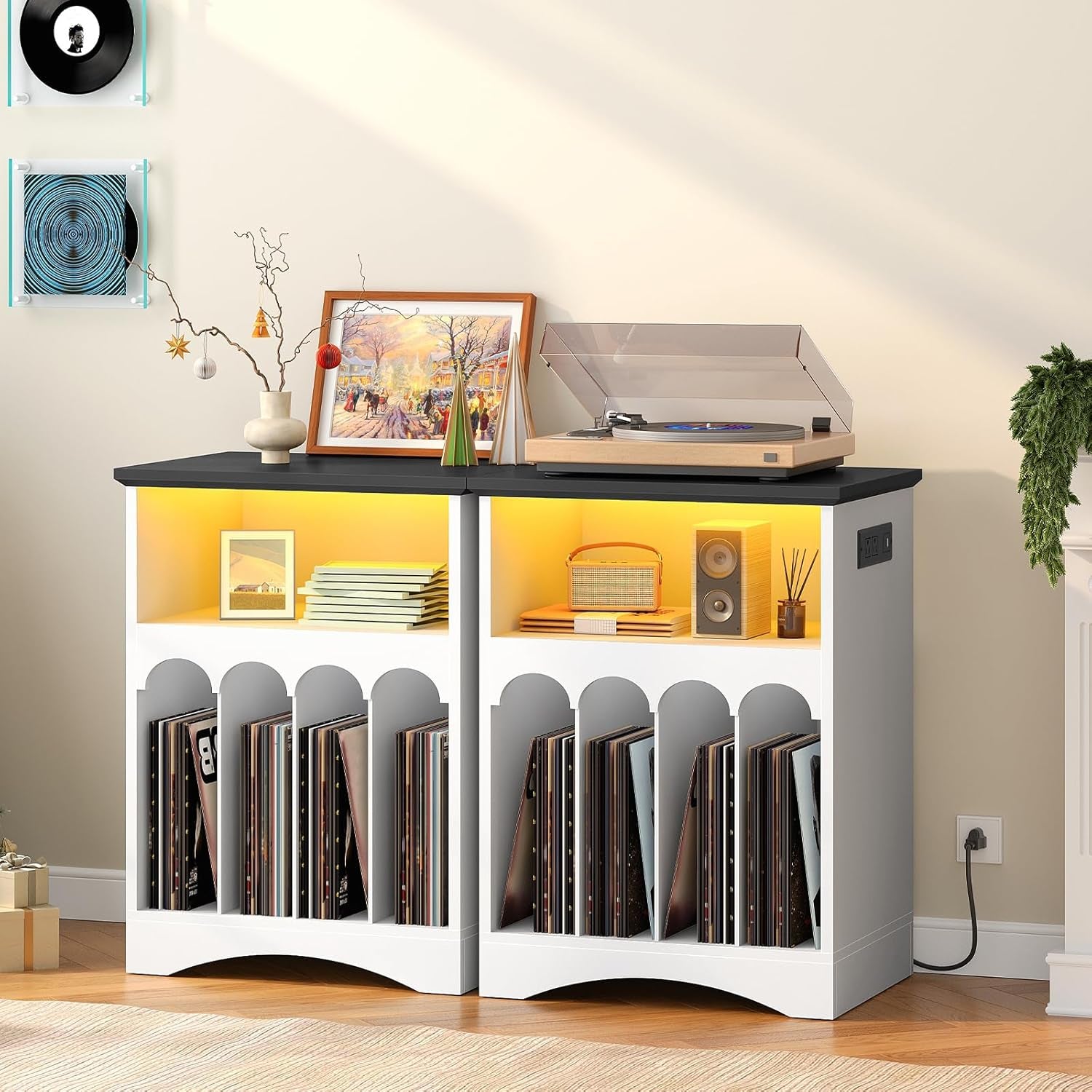 Farmhouse Record Stand with Charging Station and LED Lights, Compact Vinyl Storage Cabinet Holds up to 230 Albums, Turntable Holder for Living Room, Bedroom, Black and White WB40UDRS01