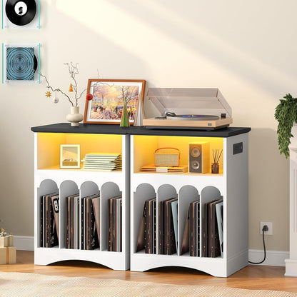 Farmhouse Record Stand with Charging Station and LED Lights, Compact Vinyl Storage Cabinet Holds up to 230 Albums, Turntable Holder for Living Room, Bedroom, Black and White WB40UDRS01