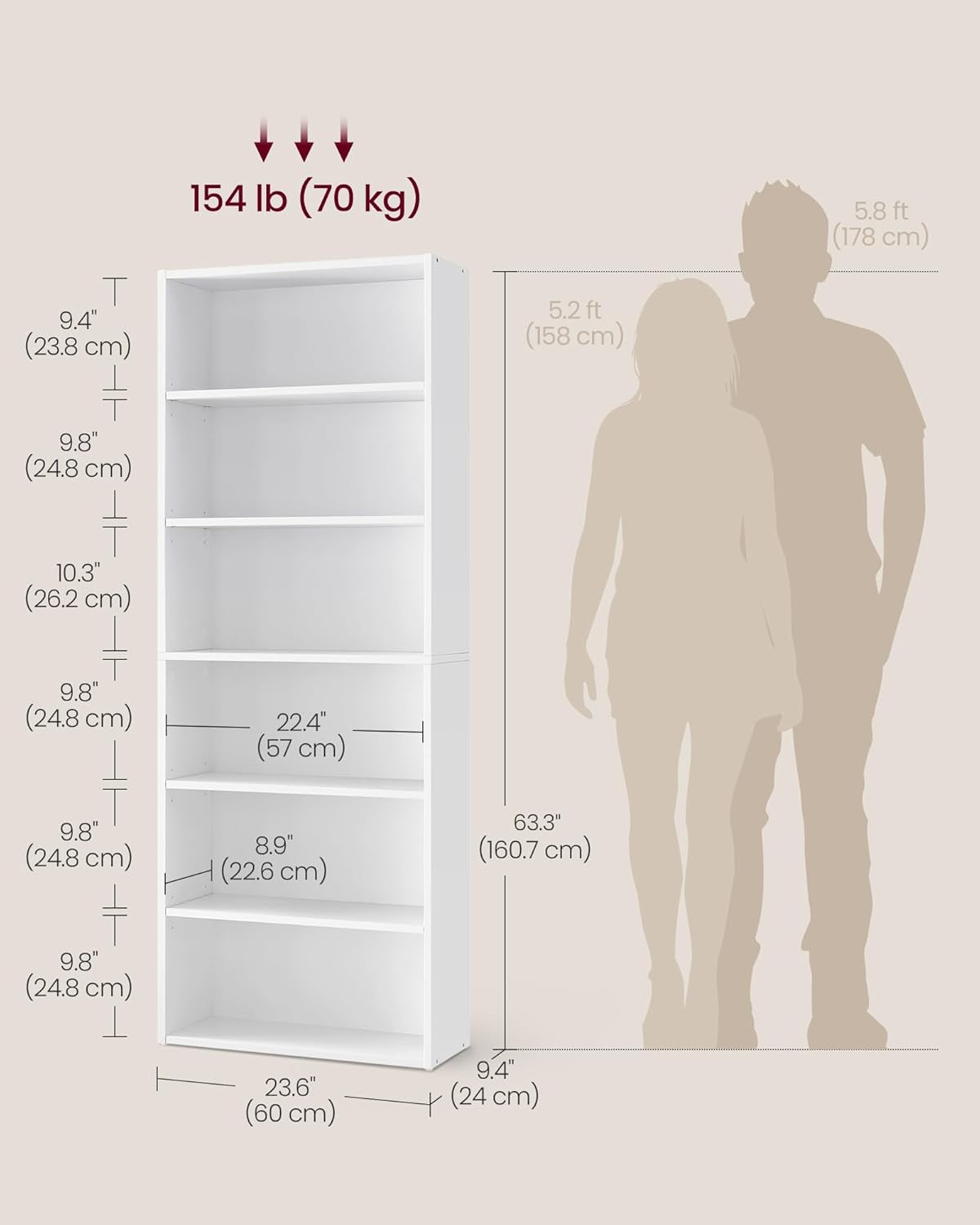 Set of 2 Bookshelves, 30 Inches Wide, 5-Tier Open Bookcases with Adjustable Storage Shelves, Floor Standing Units, Cloud White ULBC175T14-2