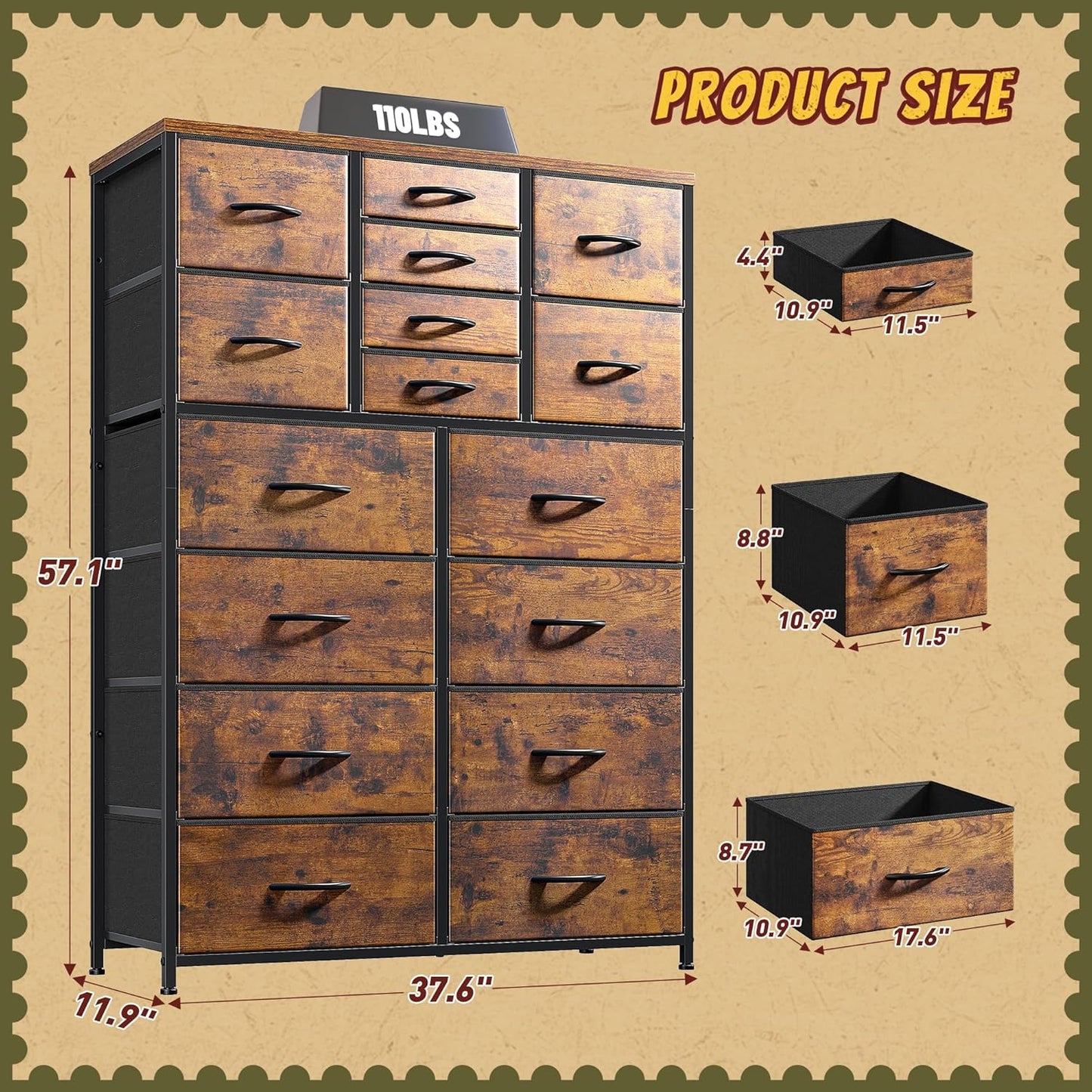 57“H Dresser for Bedroom with 16 Drawers,Fabric Dressers & Chests of Drawers for Bedroom,Large Dresser, Sturdy Metal Frame & Wood Top,Entryway, Hallway(Rustic Brown)