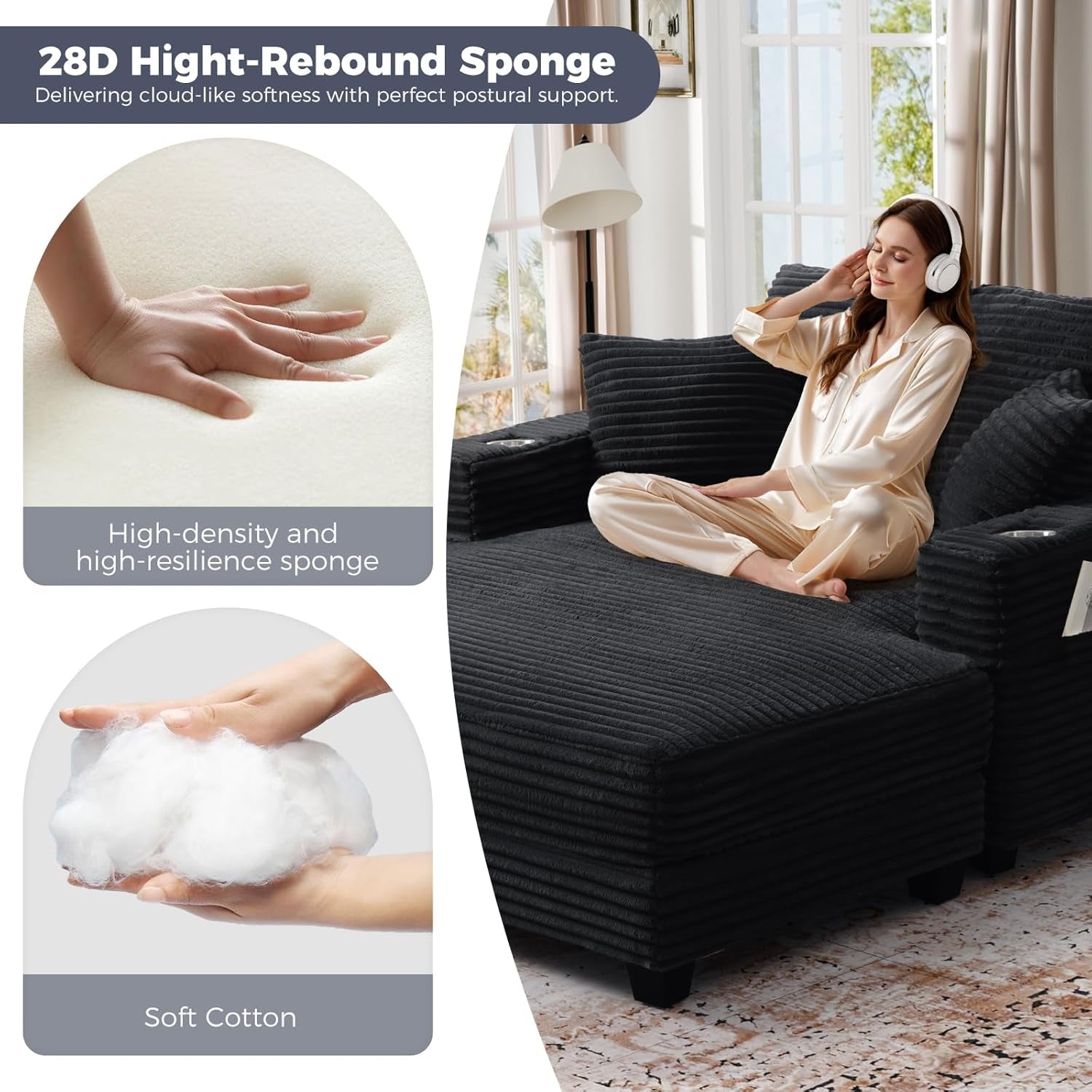 60'' Oversized Chaise Lounge Chair, Upholstered Sofa Bed, Sleeper Couch Reading Chairs with USB Port and Cup Holders,Comfy Cloud Sofas Couches for Living Room,Black