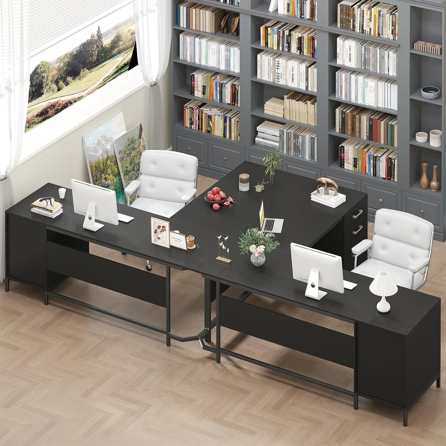 59’‘ L Shaped Desk with 6 Wood Drawers, Large Home Office Corner Computer Desk with Storage File Cabinet, Modern Metal Wood Desk for Executive Writing Study Workstation, Black