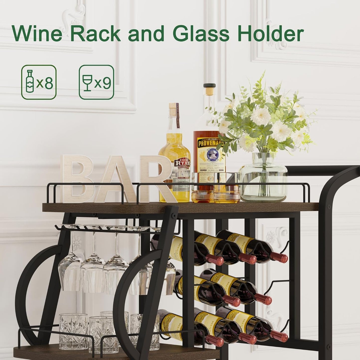 Rustic Bar Cart, 3 Tier Rolling Bar Carts for the Home, Industrial Home Serving Cart with Wine Glass Holder, Wood Metal Liquor Trolley, Mobile Beverage and Drink Carts (Walnut Brown)
