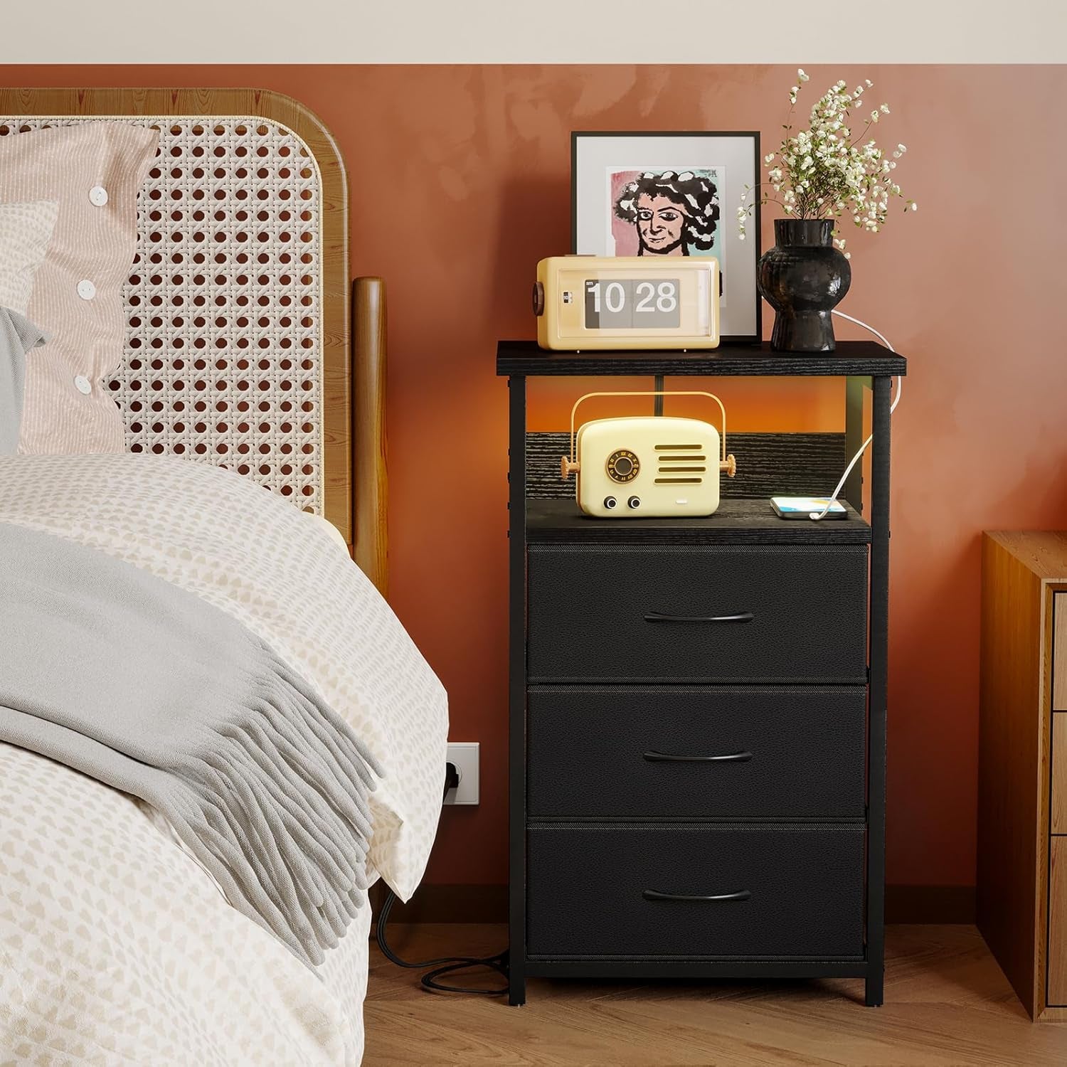 Night Stand with Charging Station, LED Nightstand with U-S-B Ports and Outlets, 3 Fabric Storage Drawers with PU Finish, Bedside Table, Black