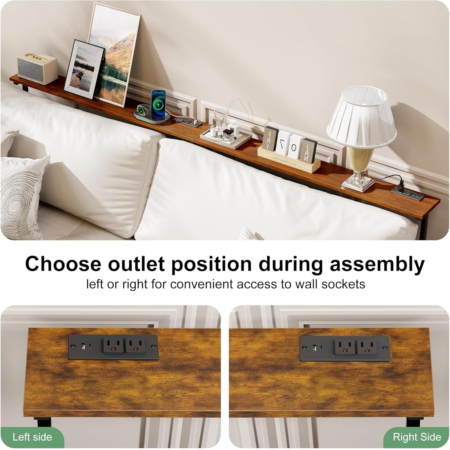 2 Pack 79" Narrow Console Table with Adjustable Height(23"-31") behind Couch Sofa Table with 2 Power Outlets 79"*5.9" Long Entryway Table for Hallway Bedroom Living Room Foyer Rustic Brown