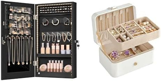 Mirror Jewelry Cabinet Armoire with Built-In LED Lights and Jewelry Box, Travel Jewelry Case, UJJC050B01 and UJBC166W01