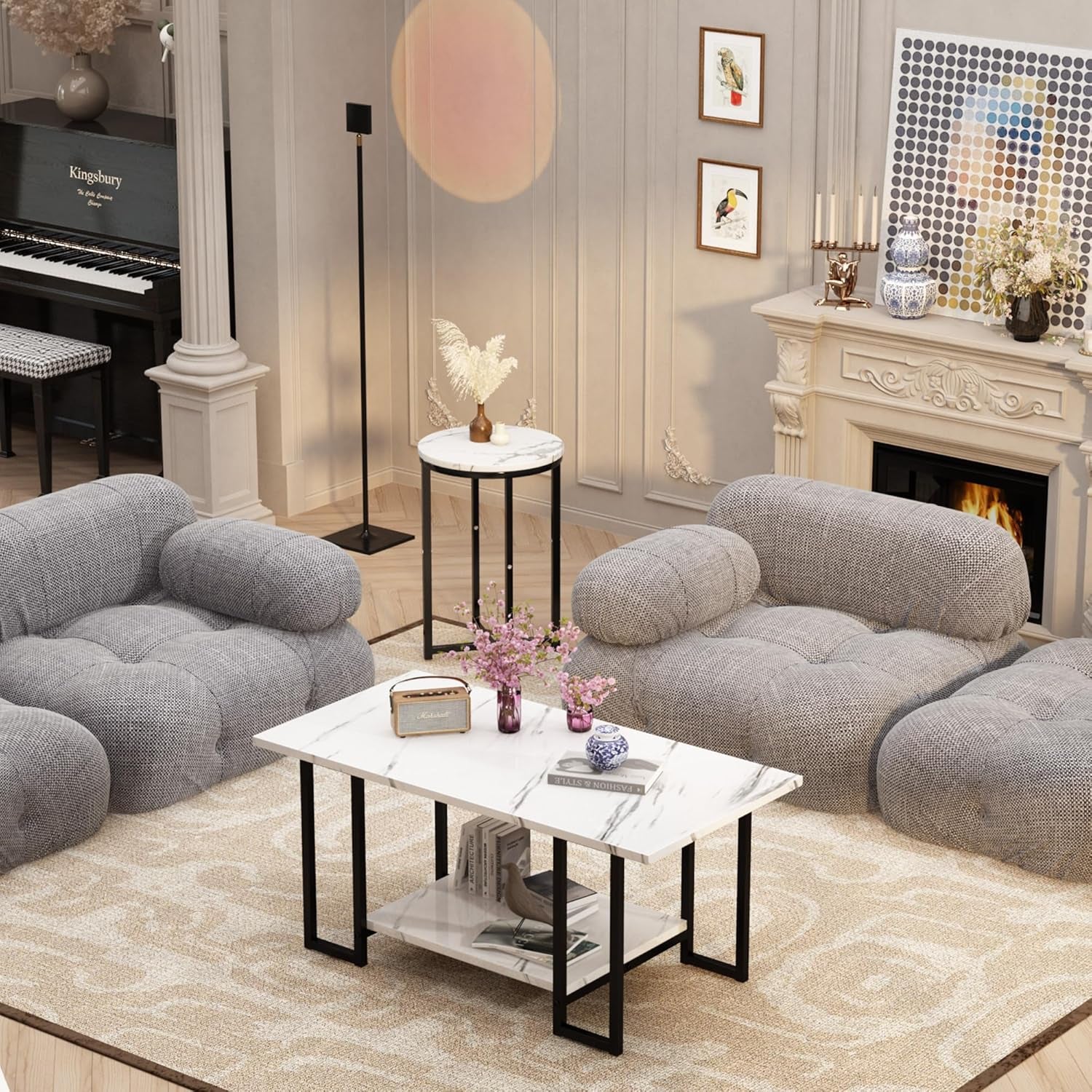 3 Pieces Living Room Table Set, Faux Marble Coffee Table with 2 round End Side Tables, Coffee Table Set with Metal Frame for Apartment Home Office, White Black