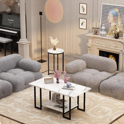 3 Pieces Living Room Table Set, Faux Marble Coffee Table with 2 round End Side Tables, Coffee Table Set with Metal Frame for Apartment Home Office, White Black