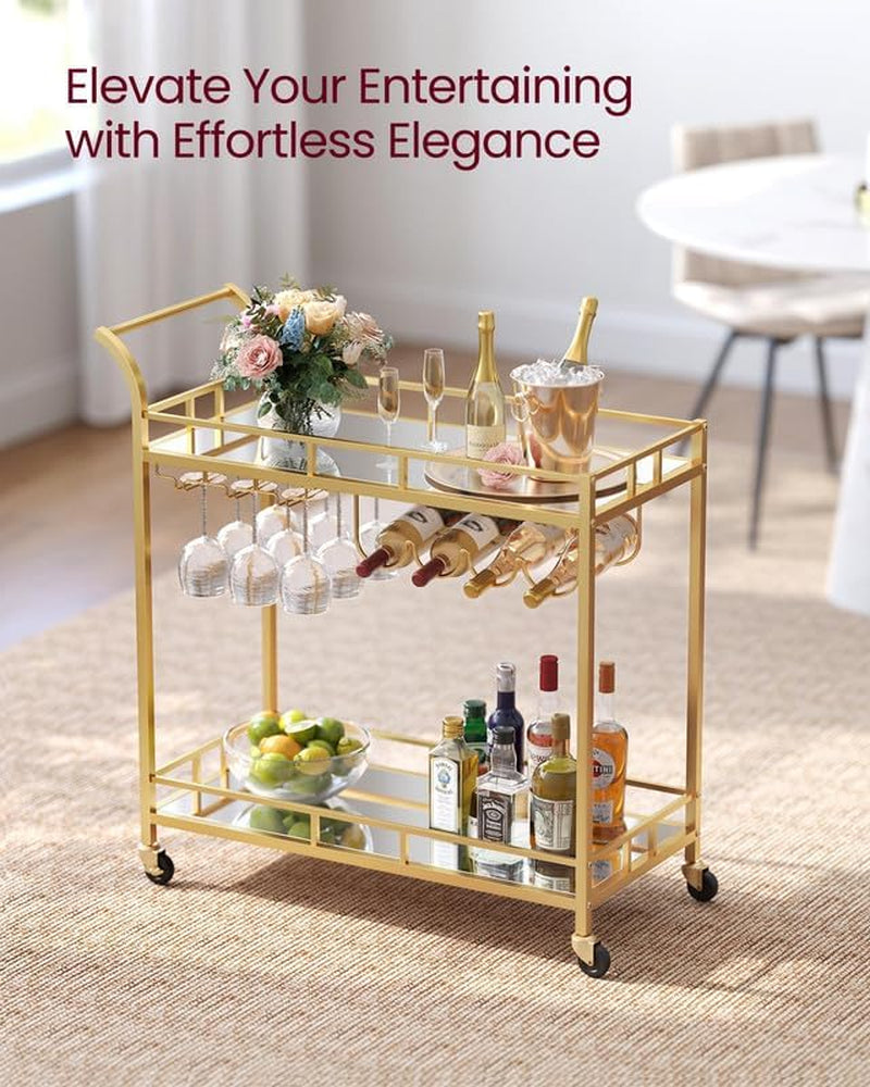 Bar Cart Gold, Home Bar Serving Cart, Wine Cart with 2 Mirrored Shelves, Wine Holders, Glass Holders, for Kitchen, Dining Room, Gold ULRC090A03
