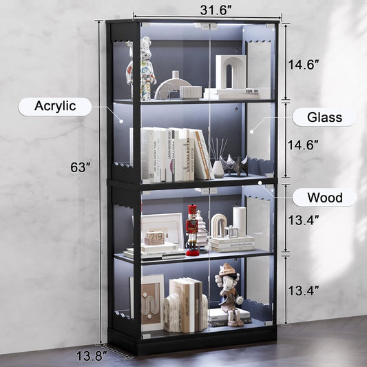 Display Cabinet with Glass Doors, 63” 4-Tier Wood Display Case with RGB Lights for Collectibles, Tall Curio Cabinet Anti-Tipping with Adjustable Shelves, Storage Cabinets for Living Room, Study
