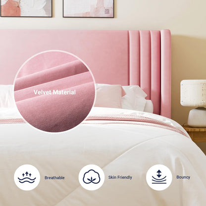 Full Size Velvet Platform Bed Frame with Vertical Tufted Wingback Headboard, Easy Assembly, under Bed Storage, No Box Spring Required, Modern Style, Pink