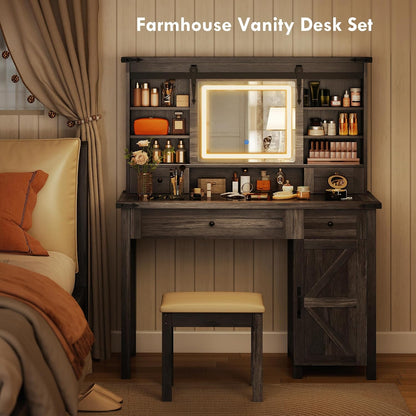 Farmhouse Vanity Desk with Mirror, LED Lights Makeup Vanity Table with 42 Inch Glass Tabletop, Cushioned Stool, Drawers & Shelves & Cabinet, Rustic Dressing Table Set for Bedroom, Gray