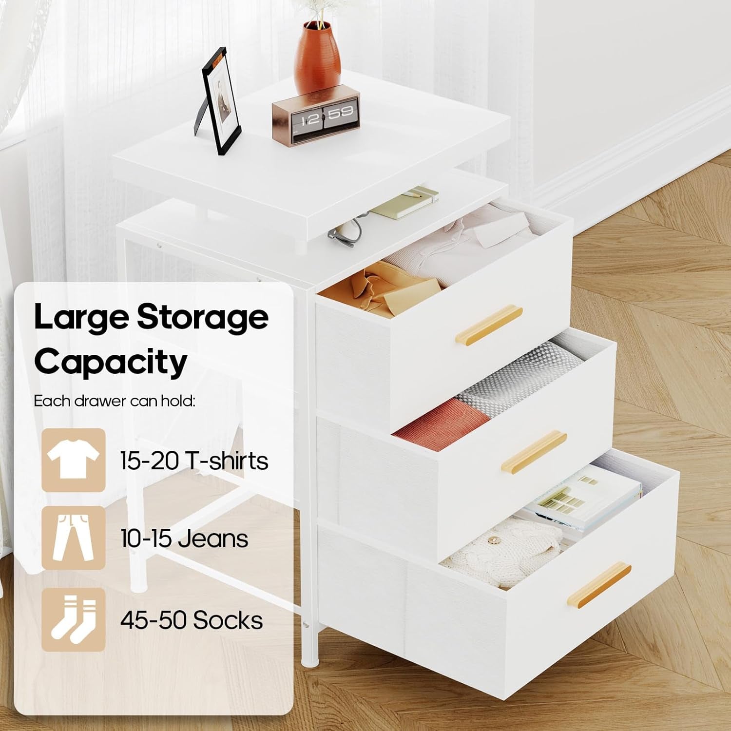 White Night Stand with Drawers, LED Bedside Table with Open Shelf, Nightstand with PU Leather Finish Drawers, Small End Table for Bedroom, Living Room, 23.8''H