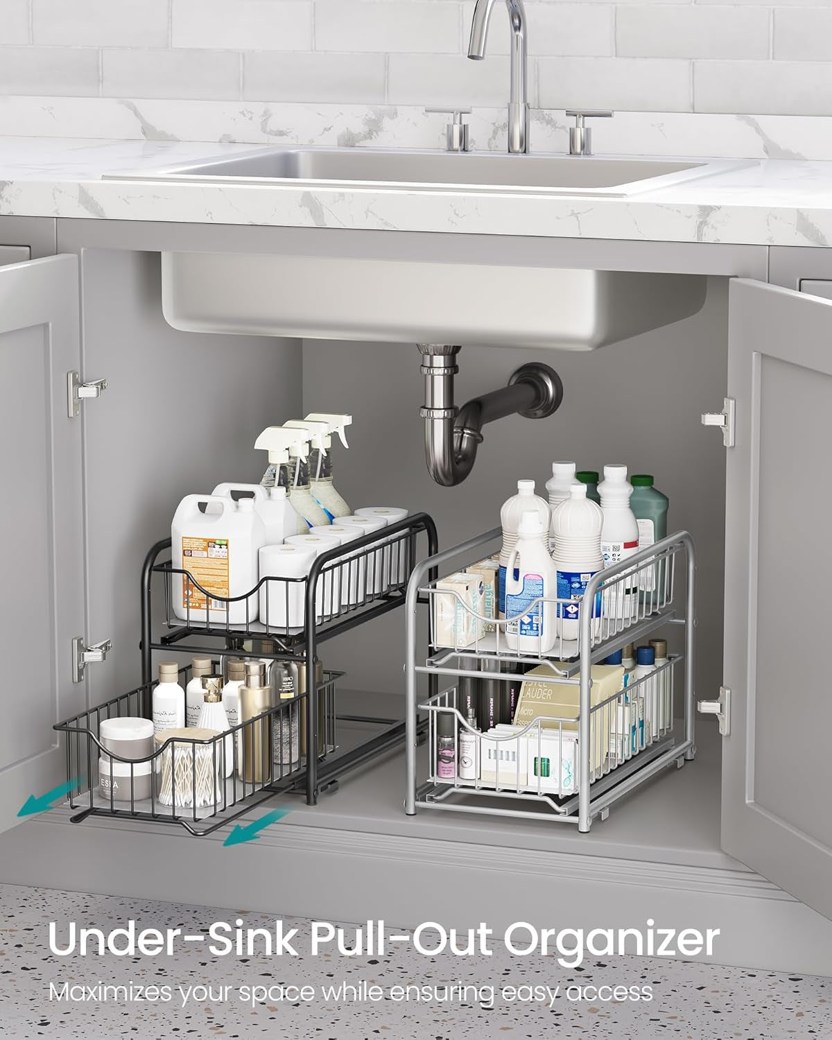 2-Tier Pull Out Cabinet Organizers, under Sink Organizer, Bathroom Organizer and Storage, Sliding Basket Drawers, Stackable for Kitchen, Bathroom, Metallic Silver UKCS017E01