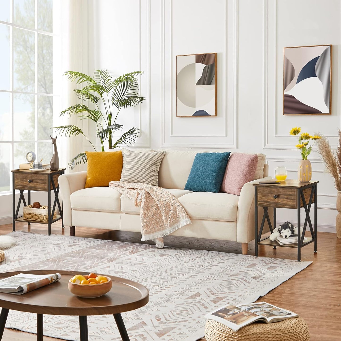 Nightstands Set of 2, Modern Bedside End Tables, Night Stands with Drawer and Storage Shelf for Living Room Bedroom, Industrial Metal Frame