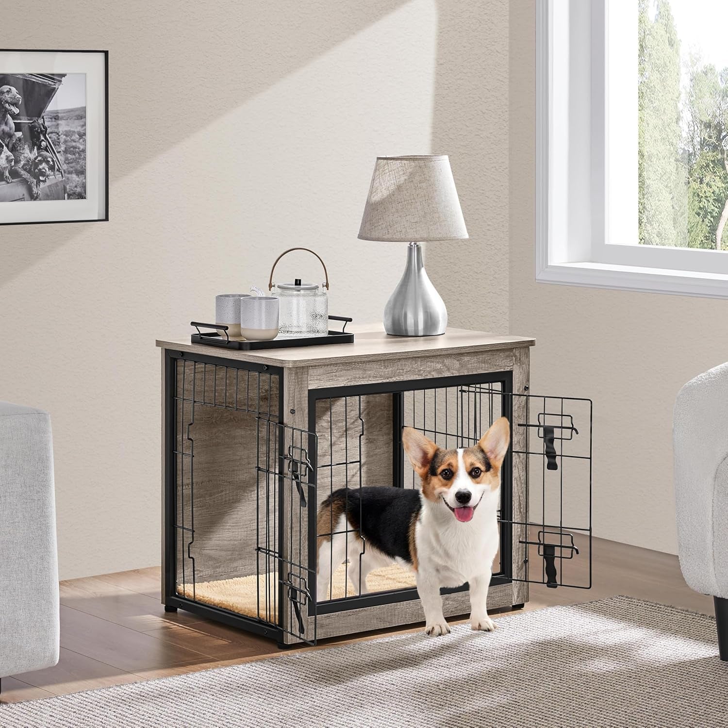27.5'' Dog Crate Furniture with Cushion Wooden Dog Crate with Double Doors/Adjustable Feet Side End Table for Small/Medium Dogs, Greige