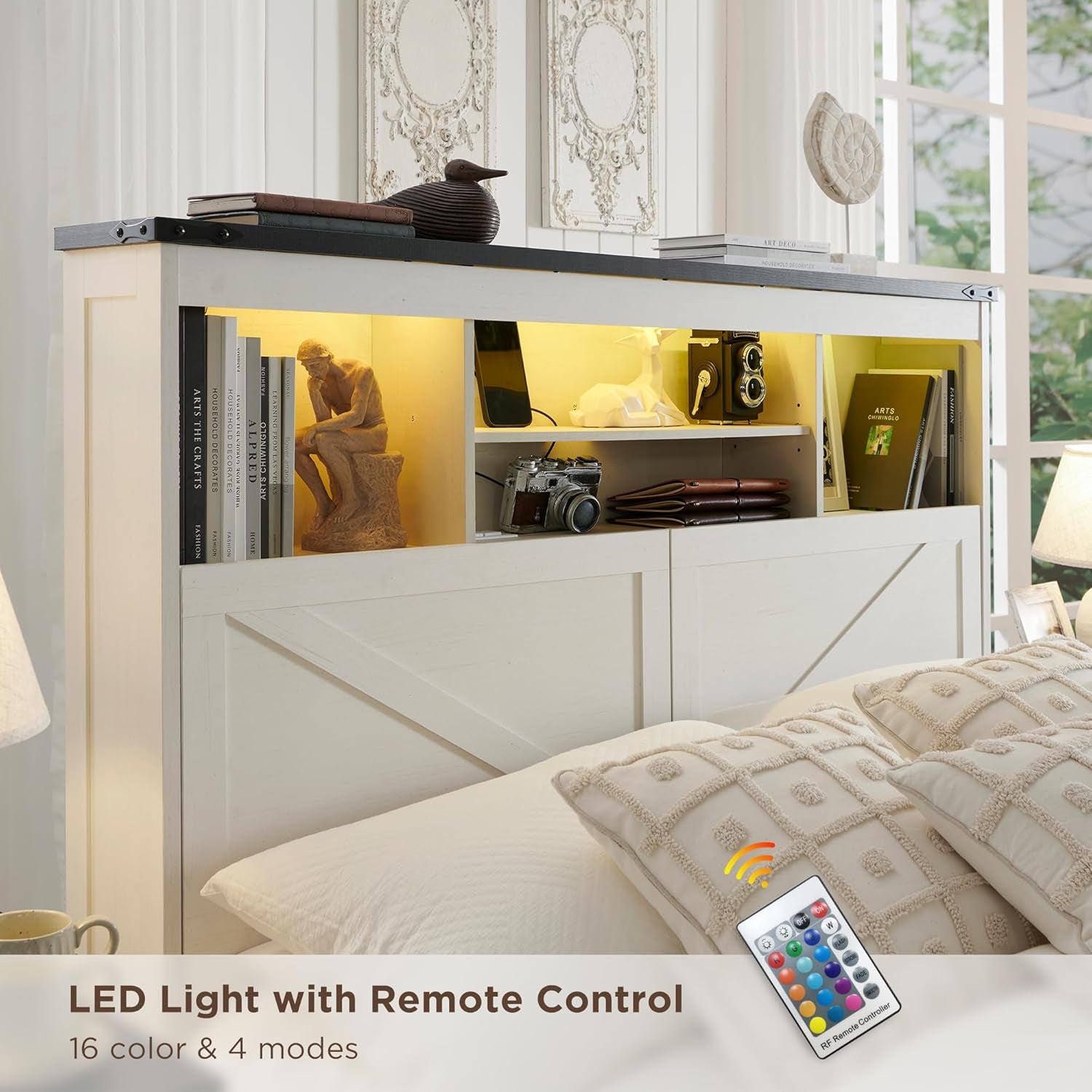 Queen Bed Frame Farmhouse with 52" Storage Bookcase Headboard, 4 Drawers Wooden Bed Frame, LED Light, Charging Station - White