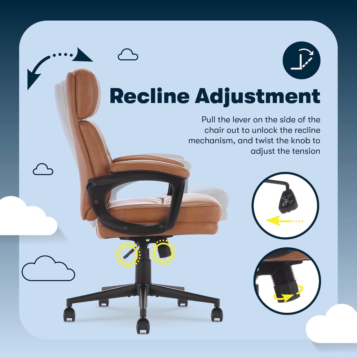 Comfort Executive Mid-Back Officechair, Semi Plush Cushion Seat, Padded Armrests, quality Foam, Metal Swivel Base, Ergonomic Computer Deskchair for Home or Office, Bonded Leather, Cognac