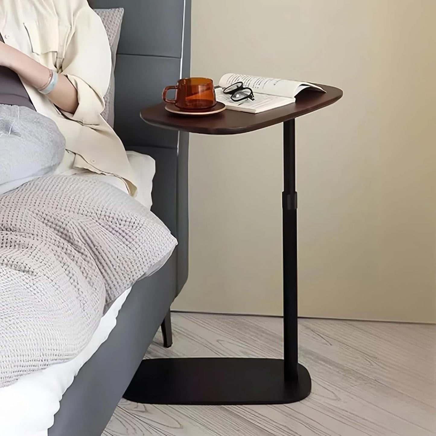 Modern Minimalist C Shaped Side Table, Wooden Sofa Table with Adjustable Height and Swivel Top, Laptop Desk for Living Room, Bedroom, Study and Small Spaces, Walnut Wood