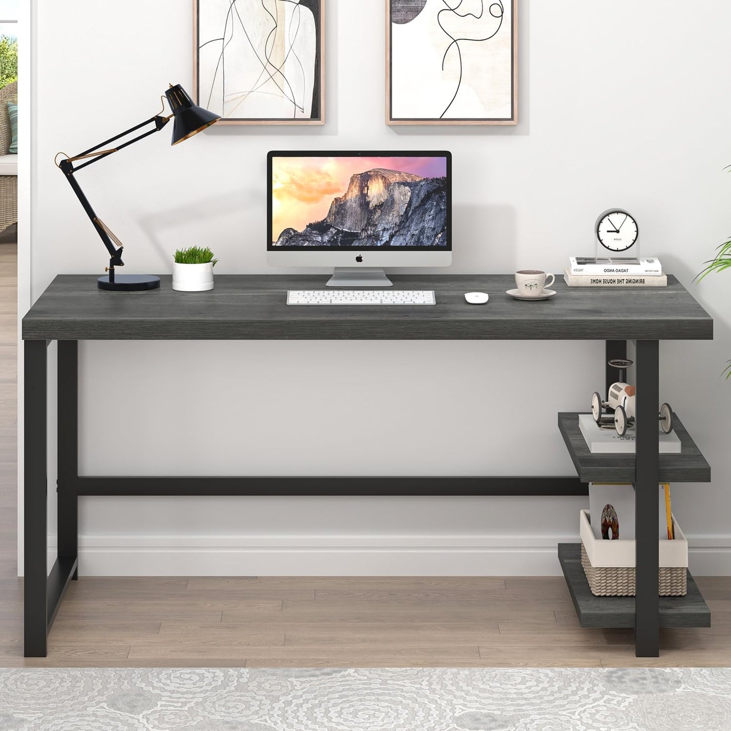Industrial Computer Desk, Home Office Desk with Storage Shelves, Wood Study Writing Table for Bedroom, Living Room, Grey, 53 Inch