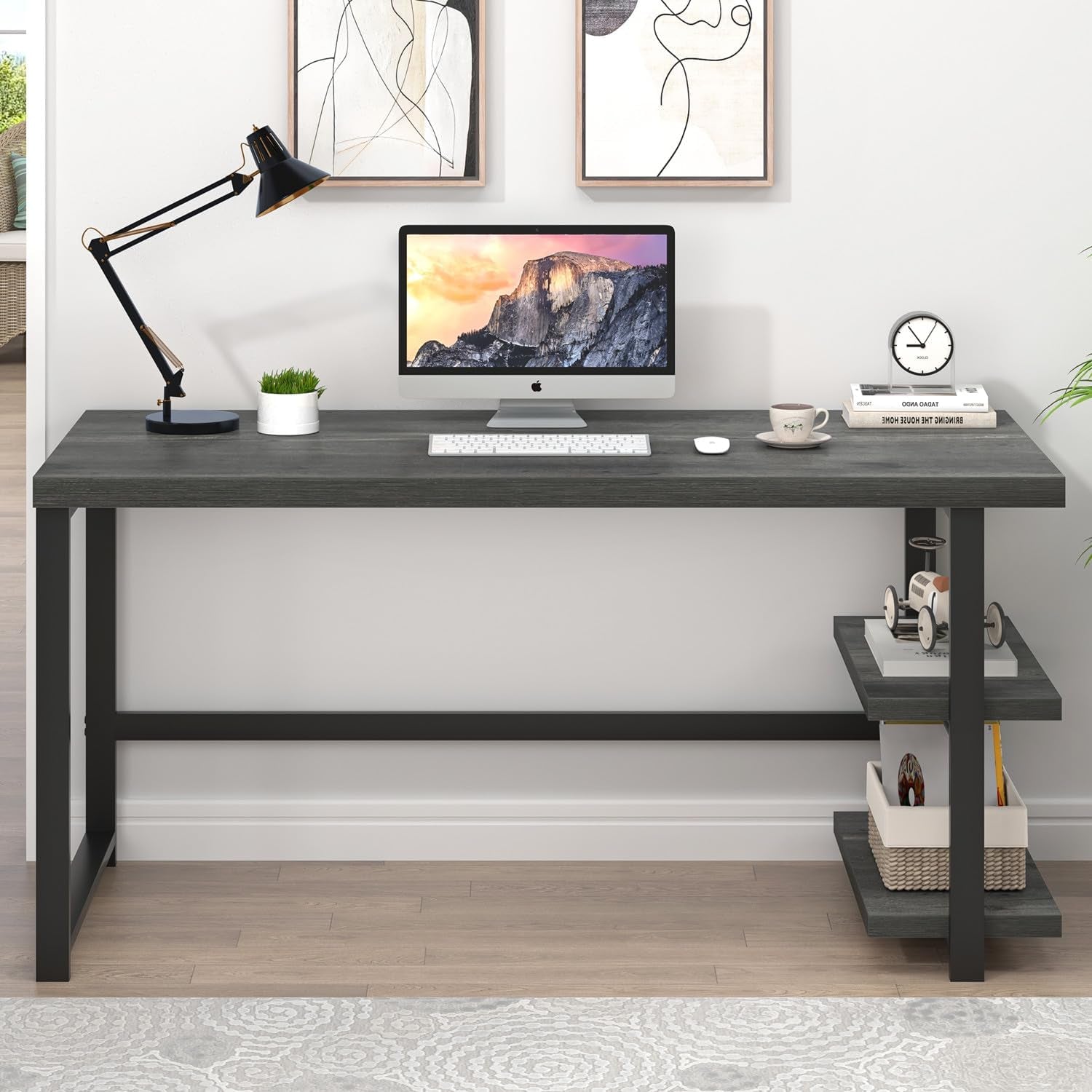 Industrial Computer Desk, Home Office Desk with Storage Shelves, Wood Study Writing Table for Bedroom, Living Room, Grey, 53 Inch