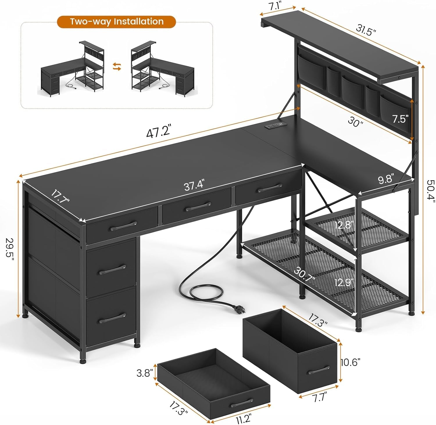 L Shaped Gaming Desk, 47.2" Reversible Small Computer Desk with 5 Drawers and Storage Shelves, Corner Gaming Desk with LED Lights and Power Outlet, Black
