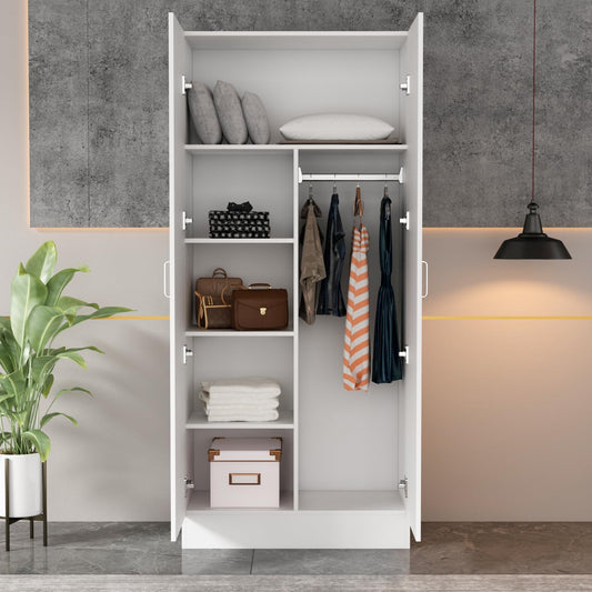 2-Door Wardrobe Cabinet with Hanging Rod and 5 Shelves, Modern Free Standing Wood Storage Closet with Sliver Metal Handles for Bedroom, White, 31.5”W X 19.1”D X 70.9”H