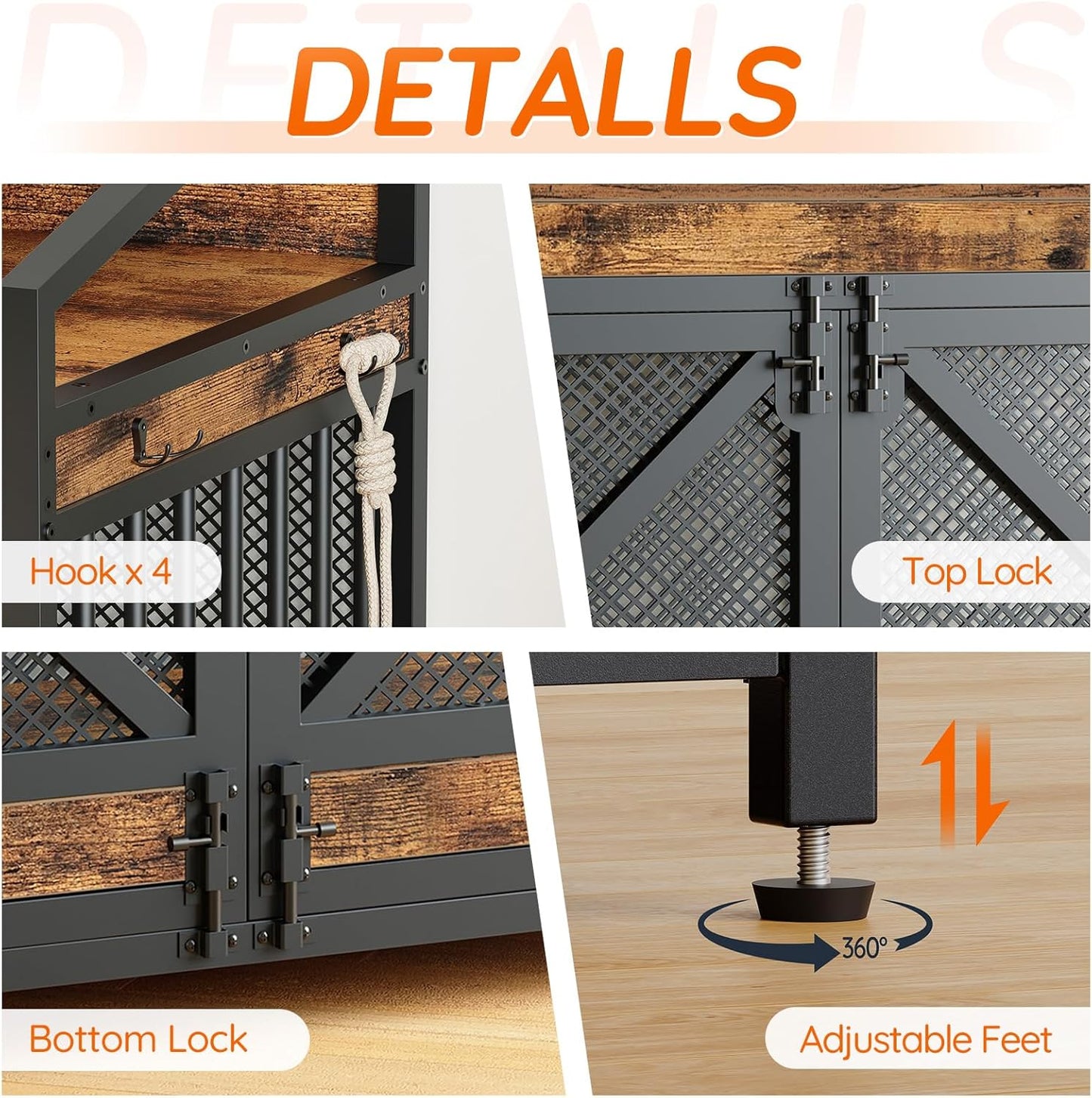 43.3" Dog Crate Furniture, Heavy Duty Dog Kennel Indoor with Storage Shelves, Wooden Dog Cage with LED Lights, for XL Large Dogs Breed, Rustic Brown and Black BF89DGW03