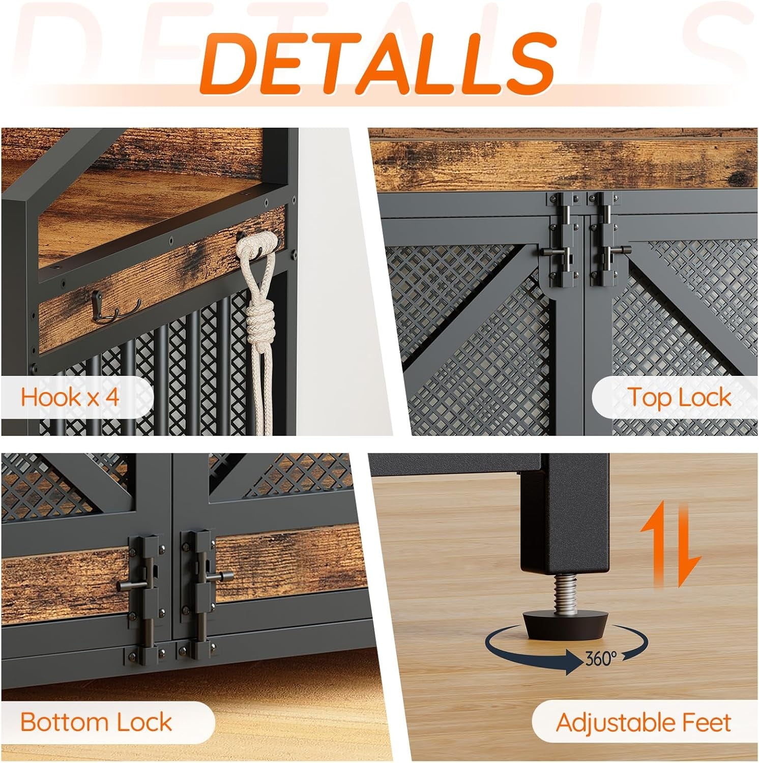 43.3" Dog Crate Furniture, Heavy Duty Dog Kennel Indoor with Storage Shelves, Wooden Dog Cage with LED Lights, for XL Large Dogs Breed, Rustic Brown and Black BF89DGW03