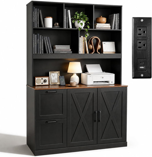 72'' Tall Bookshelf with Power Outlet, 2 Drawer File Cabinet for A4 Hanging Files, 3-Tier Open Shelves & Closed Storage Cabinets, Multifunctional Printer Stand - Black