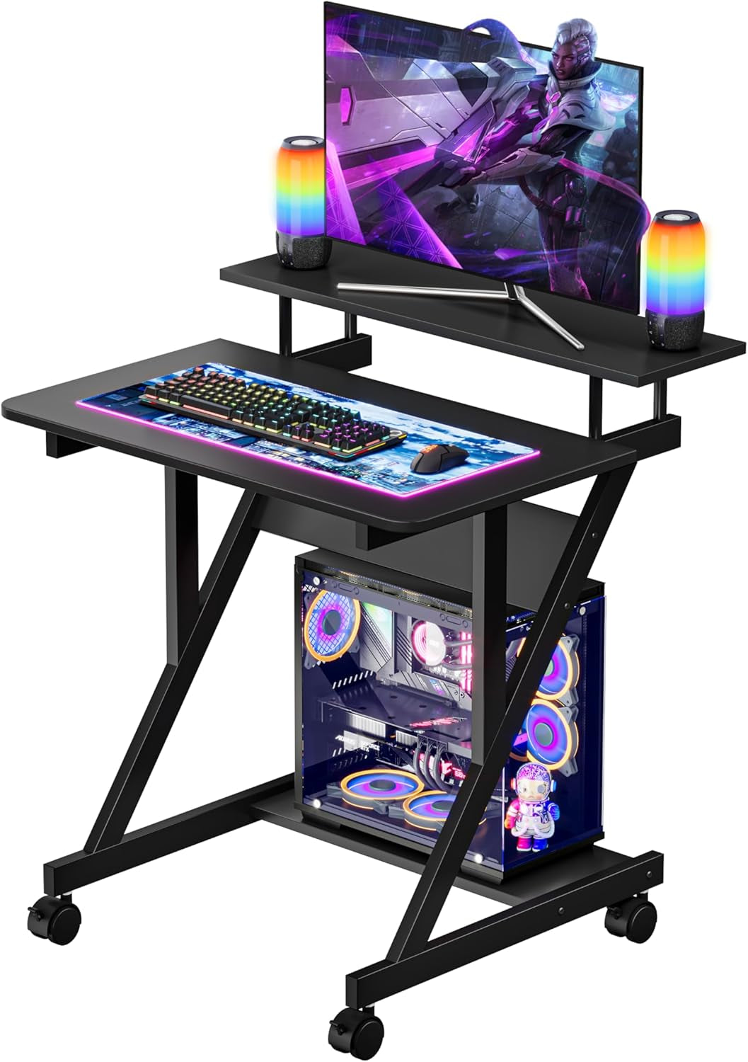 Computer Desk for Small Spaces, 27.5 Inch Small Computer Desk, 3 Tier Compact Desk with Monitor Shelf and Bottom Storage Shelves, Space Saving Desk, Black