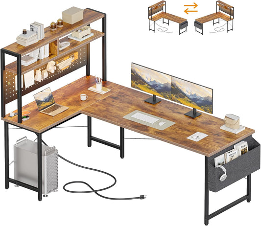59 Inch Large L Shaped Desk with Pegboard Hutch & Shelves, Corner Gaming Desk with Power Outlet, LED Light & Storage Bag, Reversible Computer Desk for Home, Bedroom, Office Workspace, Brown