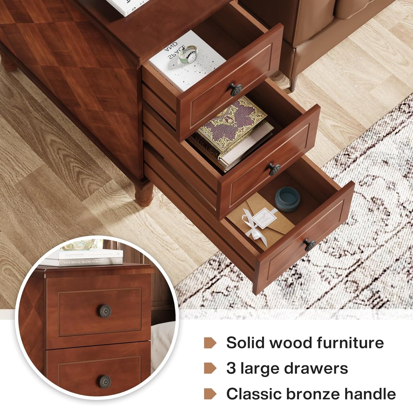 Fully Assembled End Table, Narrow Side Table with 3 Drawers, Pre-Assembled Nightstand Slim Bedside Table for Small Spaces, Living Room, Bedroom, Brown