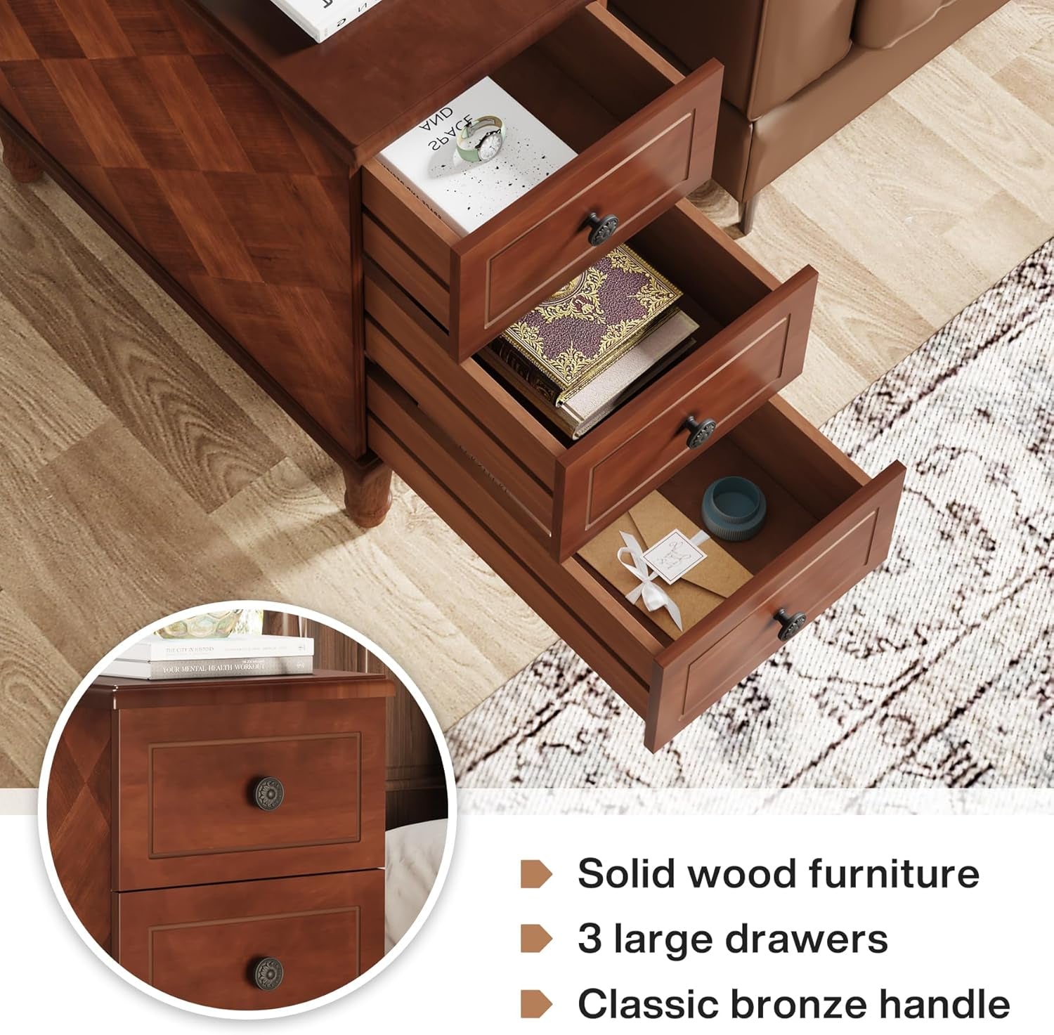 Fully Assembled End Table, Narrow Side Table with 3 Drawers, Pre-Assembled Nightstand Slim Bedside Table for Small Spaces, Living Room, Bedroom, Brown